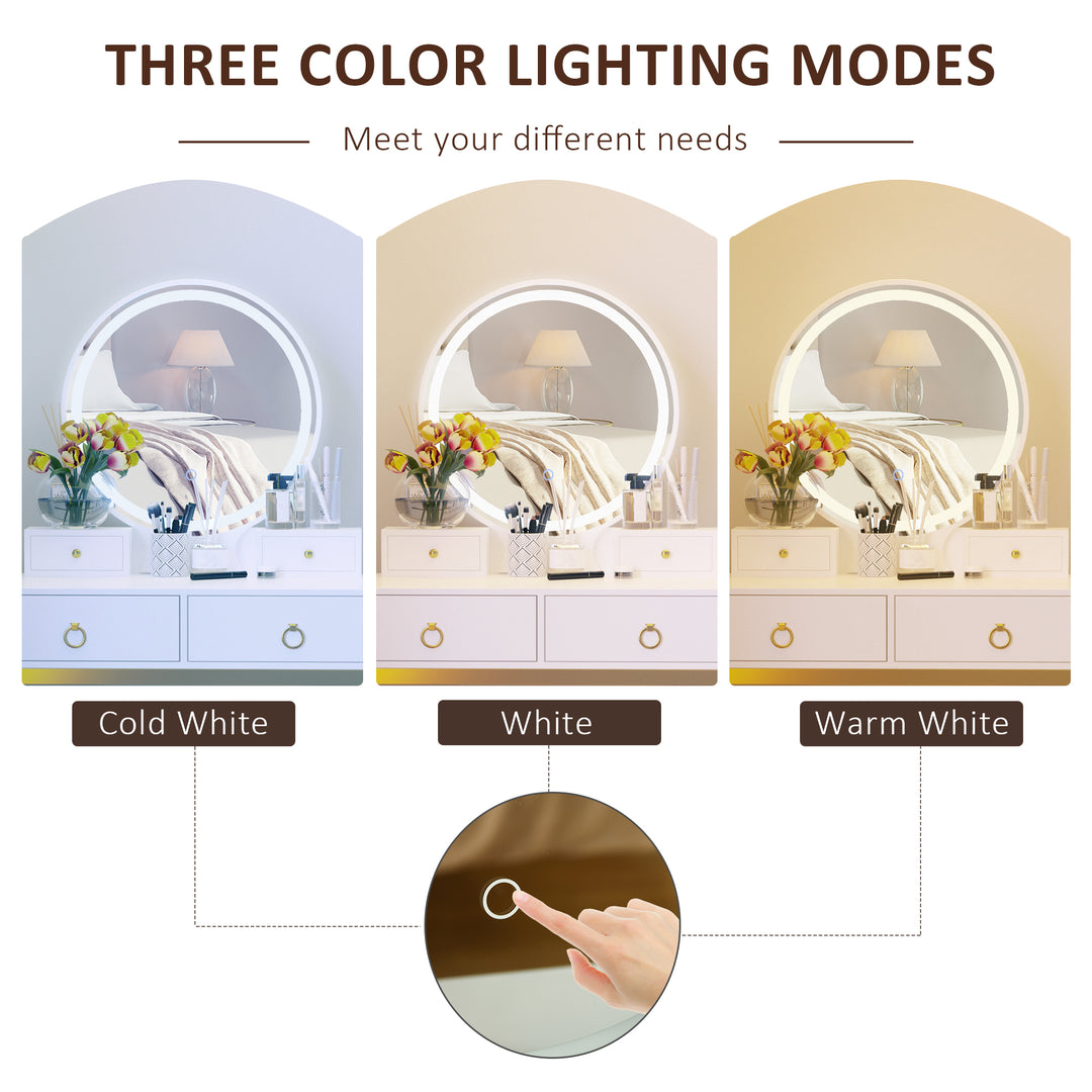 HOMCOM Makeup Vanity Table Set with 3-Color Touch Screen Dimmable Lighted Mirror, Dressing Desk with 4 Drawers and Cushioned Stool for Bedroom, White