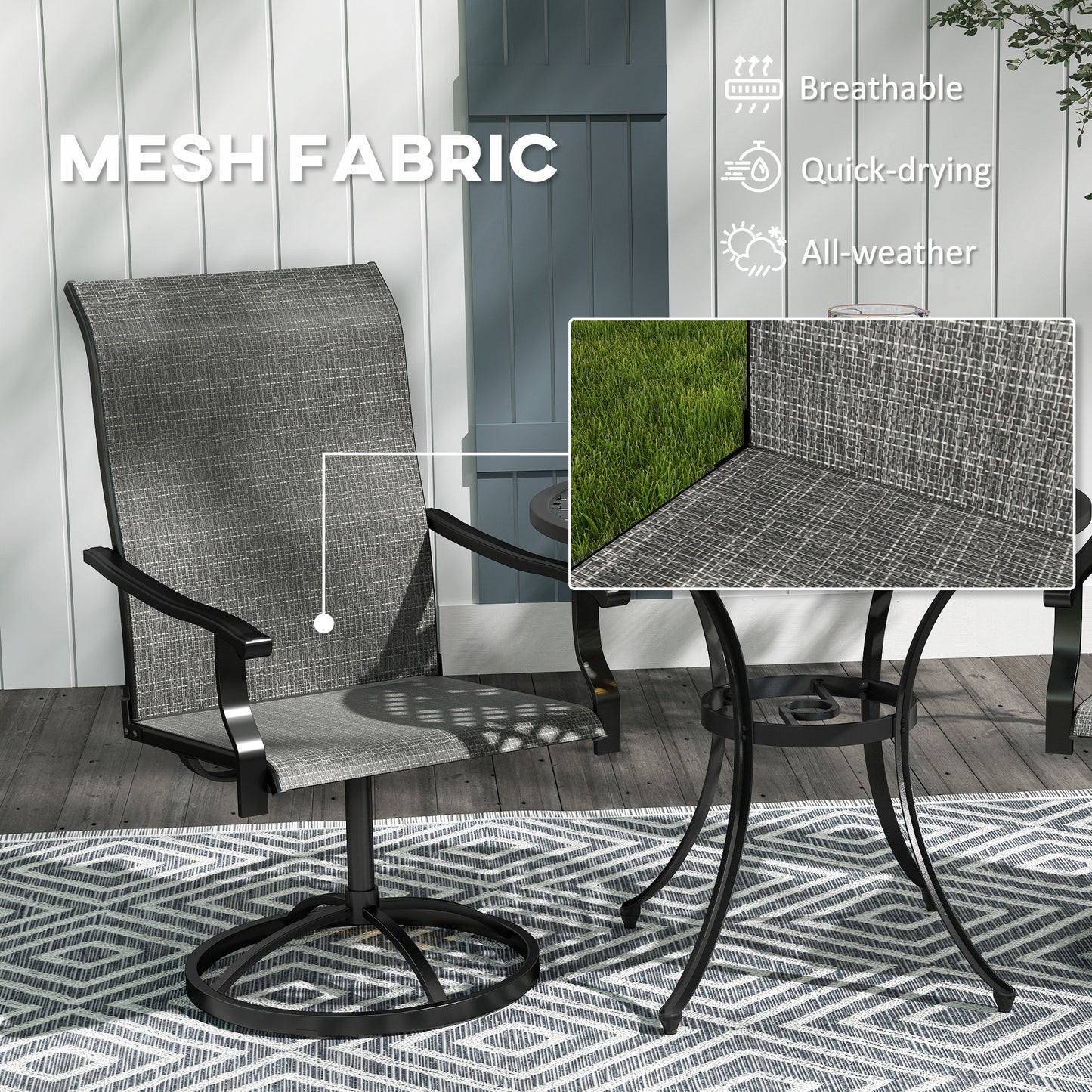 Outsunny Outdoor Swivel Dining Chairs Set of 2, High Back Swivel Chairs with All Weather Mesh for Deck, Backyard, Poolside, Grey
