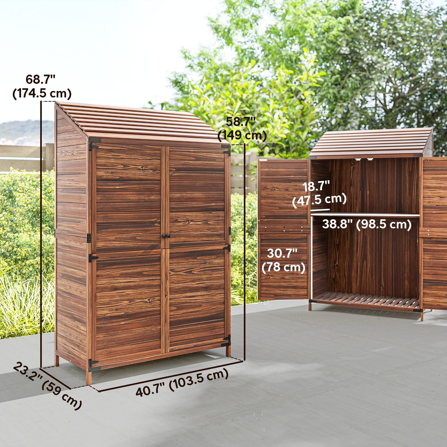 Outsunny Outdoor Storage Cabinet, Wooden Garden Storage Shed with Double Doors and Shelves for Garden Porch Deck, Mixed-Brown
