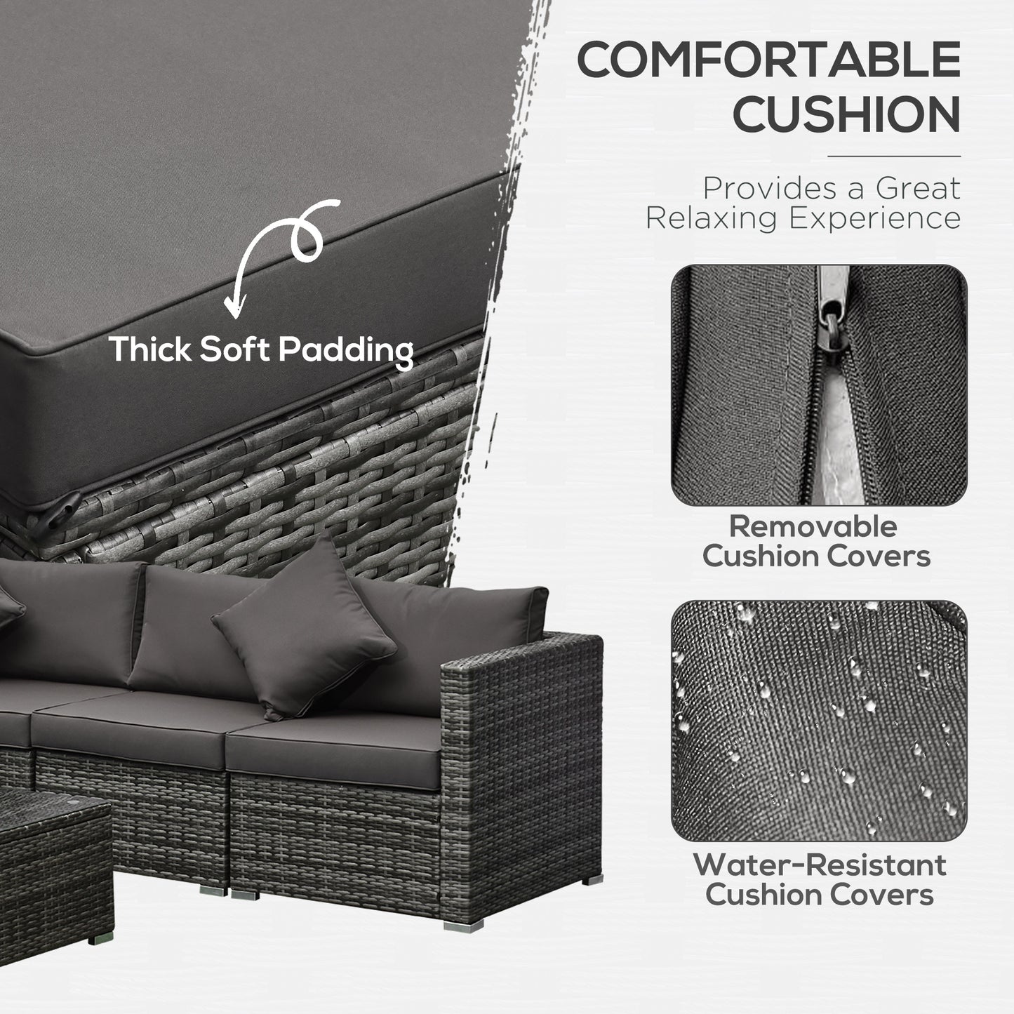 Outsunny 6 Pieces Outdoor PE Rattan Wicker Patio Furniture Sofa Set with Thick Cushions, Deluxe Garden Sectional Couch with Glass Top Table, Dark Coffee and Cream White