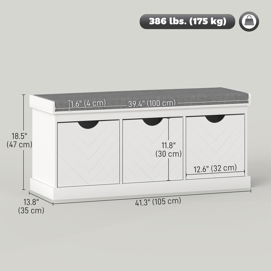 HOMCOM Shoe Storage Bench, Linen-Look Entryway Bench with 3 Removable Drawers and Padded Seat Cushion for Hallway, White