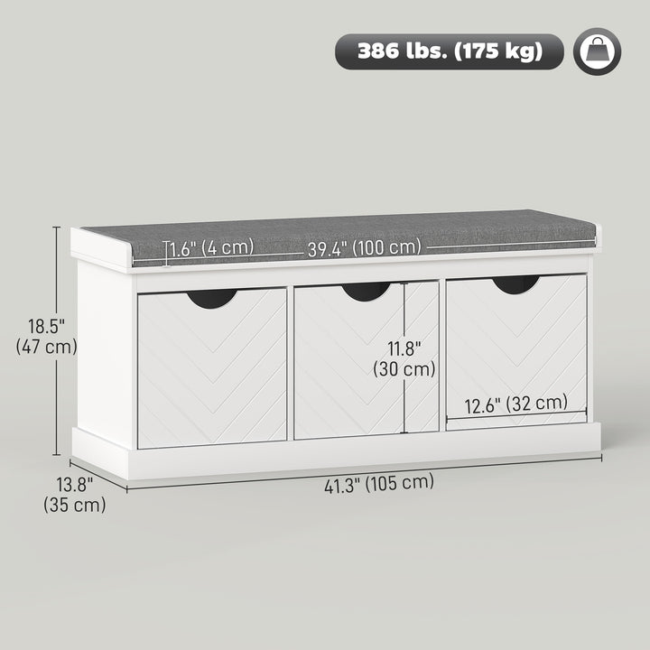 HOMCOM Shoe Storage Bench, Linen-Look Entryway Bench with 3 Removable Drawers and Padded Seat Cushion for Hallway, White