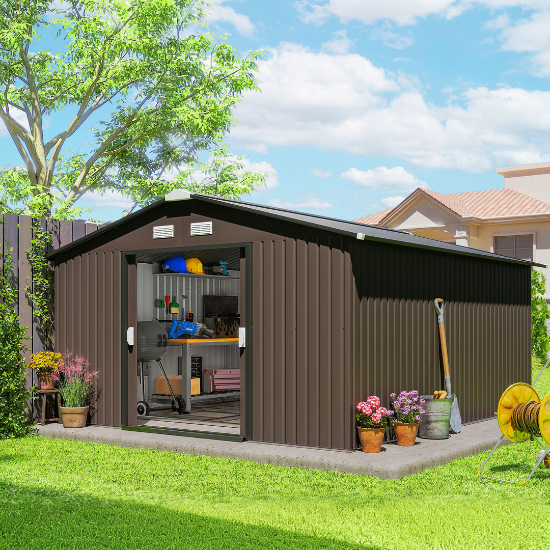 Outsunny 11' x 13'Garden Storage Shed w/ Foundation Kit Metal Tool Storage House w/ Double Doors Yellow