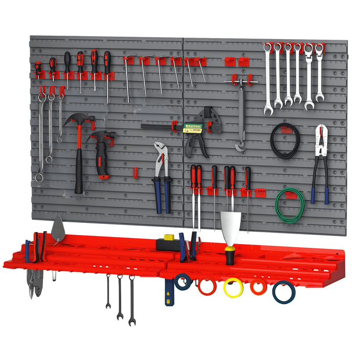 DURHAND 54 Piece Plastic Pegboard Panels, Peg Board with Accessories, Shelf Tool Organizer, Wall Mounted DIY Garage Storage with 50 Hooks, Red