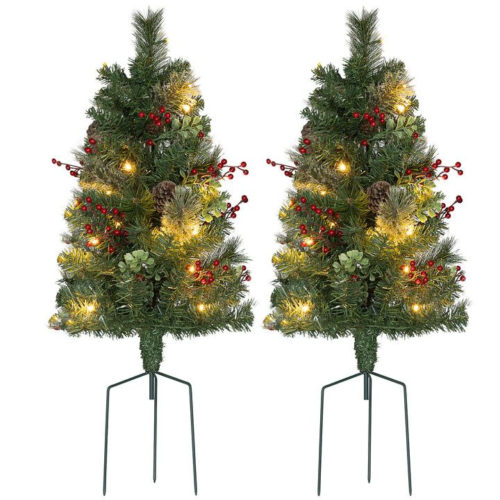 HOMCOM 2ft 2 Pack Artificial Christmas Tree, Pre Lit Christmas Tree with Red Berries and Pine Cones, Battery Operated, Green