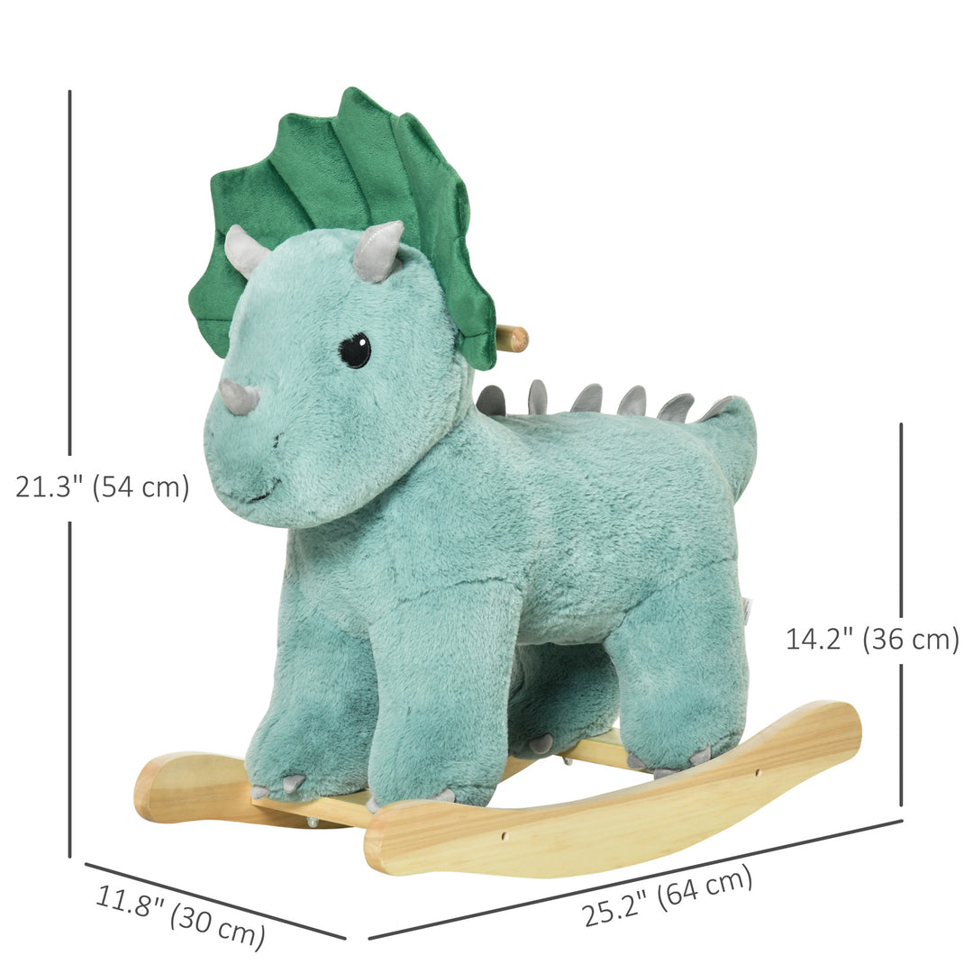 Qaba Kids Plush Ride-On Rocking Horse Triceratops-shaped Plush Toy Rocker with Realistic Sounds for Child 36-72 Months Dark Green