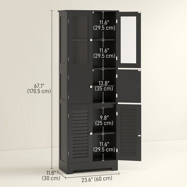 HOMCOM Freestanding Bathroom Cabinet with Glass/Louvred Doors, Tall Bathroom Cabinet for Kitchen, Study, Living Room, Black