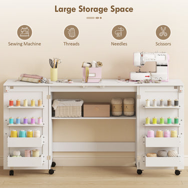 HOMCOM Folding Craft Table, Rolling Sewing Machine Table with Magnetic Doors, Bins, Pegs, Storage Shelf, Lockable Wheels, White