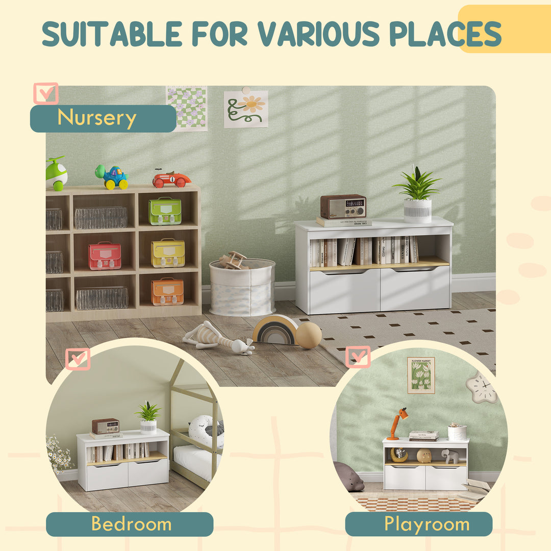 Qaba Kids Bookshelf with 2 Drawers, Large Tabletop, Shelf, for Nursery, Kids Room, Bedroom, Living Room, White