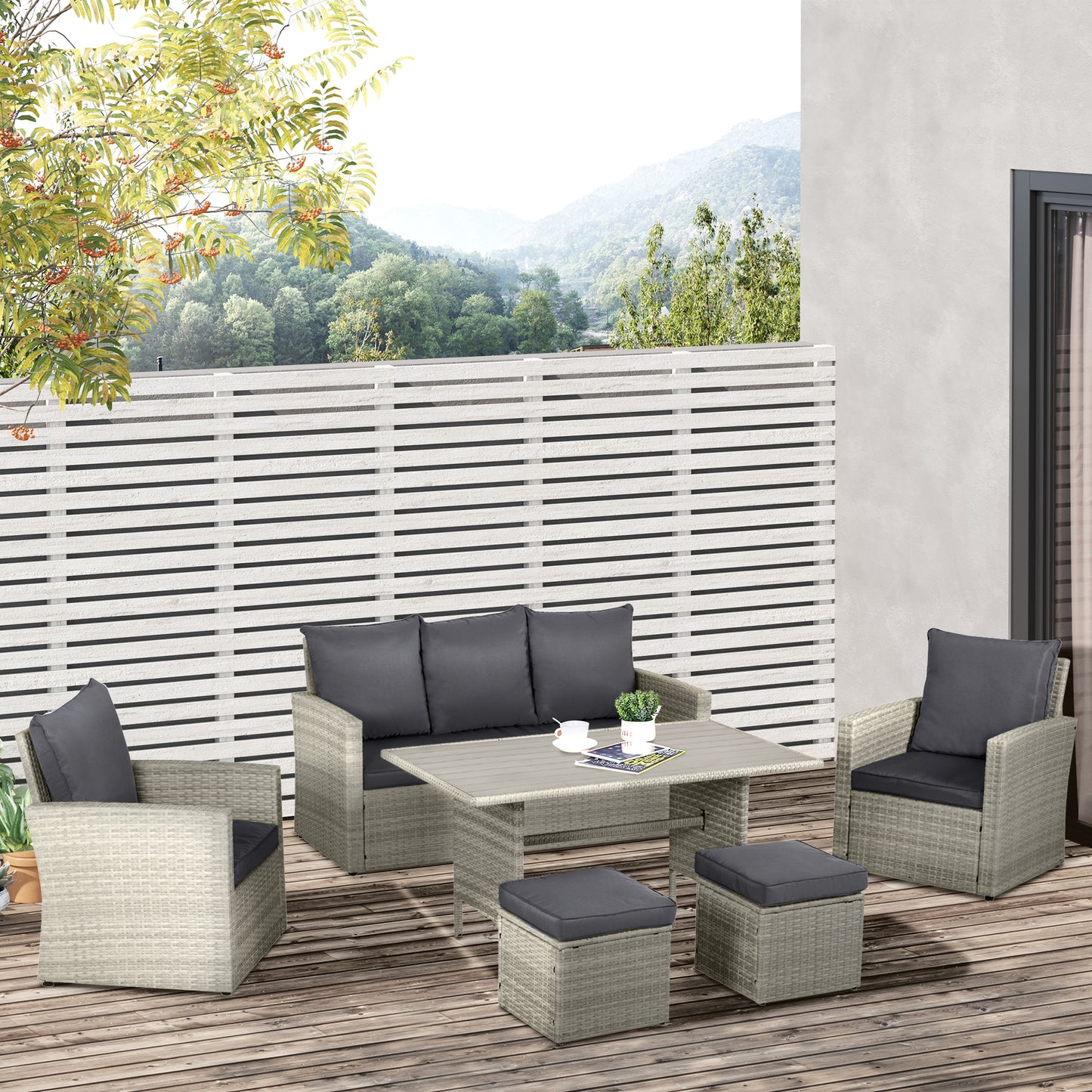 Outsunny 6 PCS Rattan Outdoor Dining Set Patio Dining Table and Chair Set with Plastic Wood Top Dining Table, Cushions, Grey