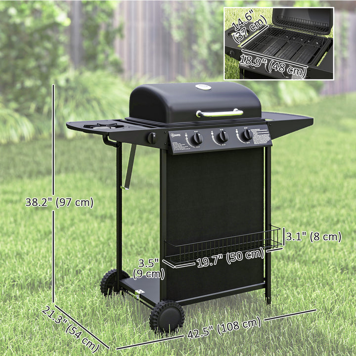 Outsunny 3+1 Burner Propane Gas BBQ Grill, Portable Gas Barbecue Grill with Side Burner, Thermometer, Lid, Side Table, Shelf, Spice Rack, Wheels, Grease Cup for Garden, Black