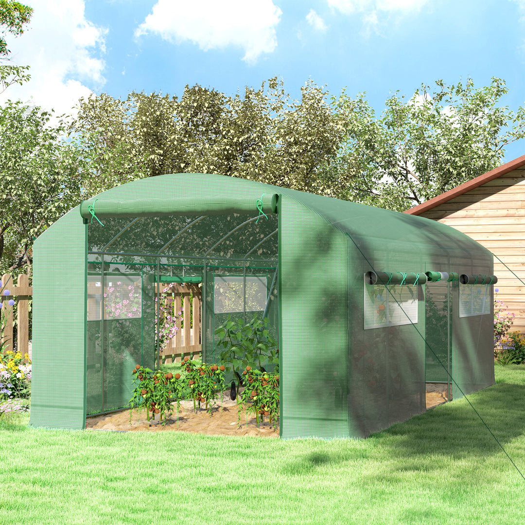 Outsunny 19.5' x 10' x 7.5' Walk-in Tunnel Greenhouse with 3 Roll-Up Doors and Large Mesh Windows, Outdoor Green House, Plant Hot House Tent with Galvanized Steel Frame, Green