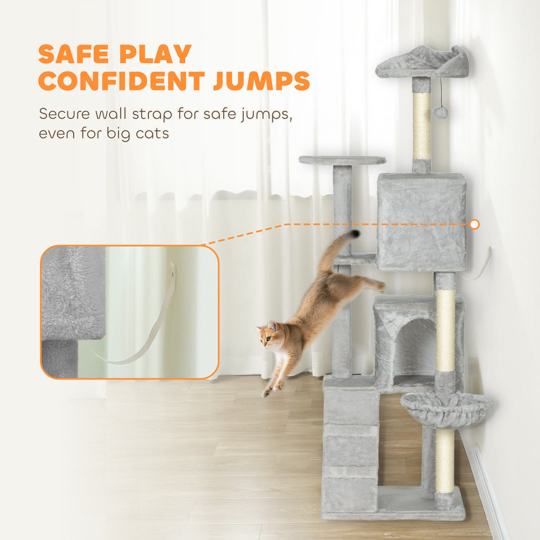 PawHut 63 Inch Cat Tree with Sisal Scratching Posts, Condos, Plush Perches, Hammock, Ladder, Dangling Balls, Pink