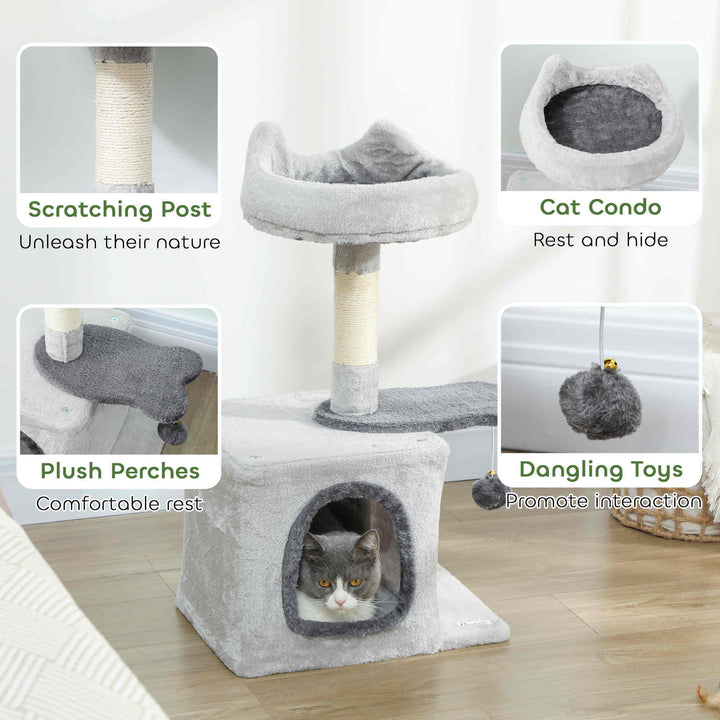 PawHut 28" Cat Tree Tower with Plush Top Bed, Cozy Condo, Sisal Scratching Post, Perch, Dangling Ball, Light Grey