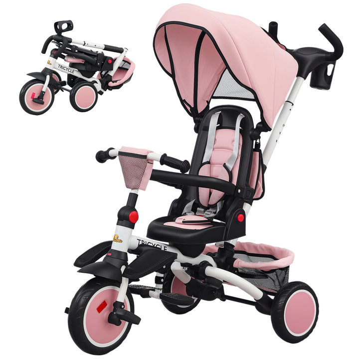 Qaba 6 in 1 Toddler Tricycle for 1-5 Years Old with Push Handle, Removable Canopy, Rotatable Seat, Pink