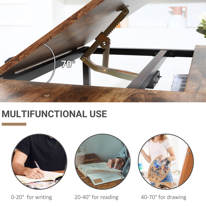 HOMCOM Adjustable Drafting Table Art Desk Drawing Table Craft Desk Workstation for Painting Multifunctional Writing Desk with Tiltable Tabletop and Storage Shelf Rustic Brown