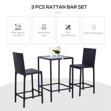 Outsunny 3 Piece Patio Bar Set Wicker Rattan Garden Bistro Set Barstool and Table for Patio Backyard Balcony Poolside, Black
