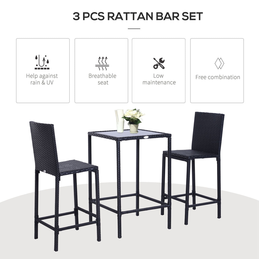 Outsunny 3 Piece Patio Bar Set Wicker Rattan Garden Bistro Set Barstool and Table for Patio Backyard Balcony Poolside, Black