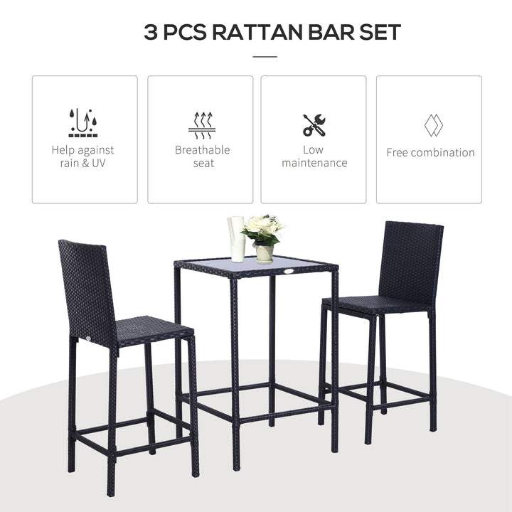 Outsunny 3 Piece Patio Bar Set Wicker Rattan Garden Bistro Set Barstool and Table for Patio Backyard Balcony Poolside, Black
