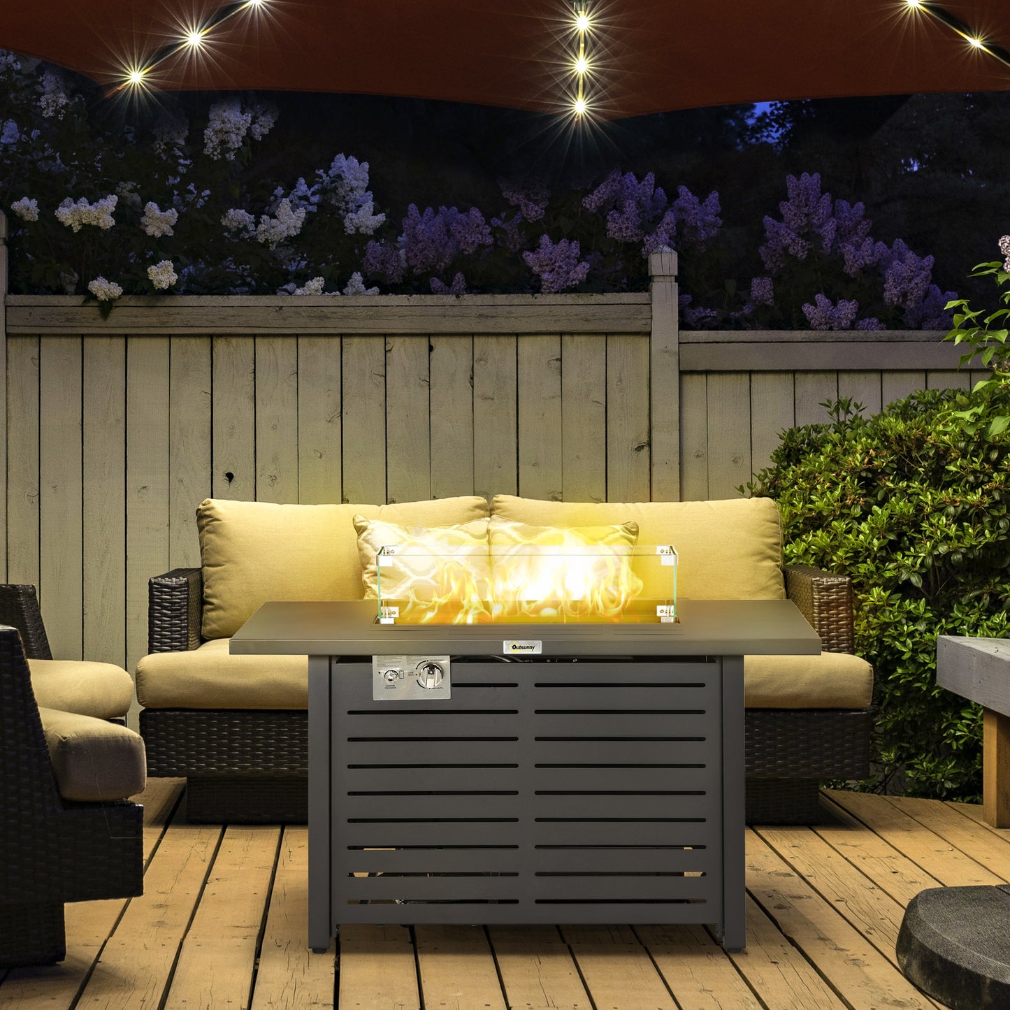 Outsunny Propane Gas Fire Pit Table, Outdoor Firepit with 43" Steel Tabletop and Lid, 50,000 BTU Pulse Ignition Fire Table w/ Stainless Steel Burner, Glass Wind Guard, and Cover