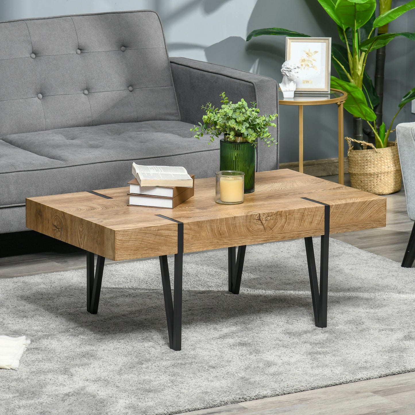 HOMCOM Rustic Coffee Table, Rectangle Nature Central Table with Steel Hairpin Legs for Living Room