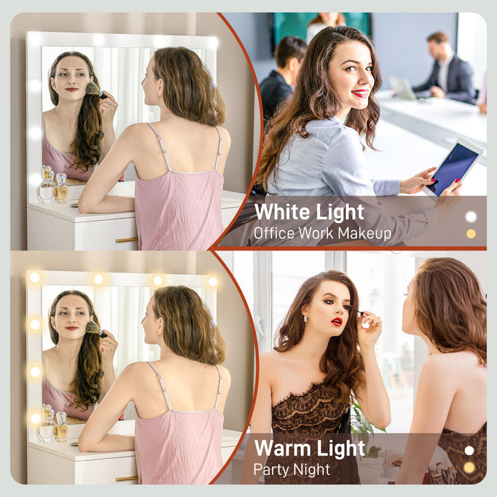 HOMCOM Makeup Vanity Table Set with Stool, Dressing Table with LED Lighting Mirror, Drawers, for Bedroom, White