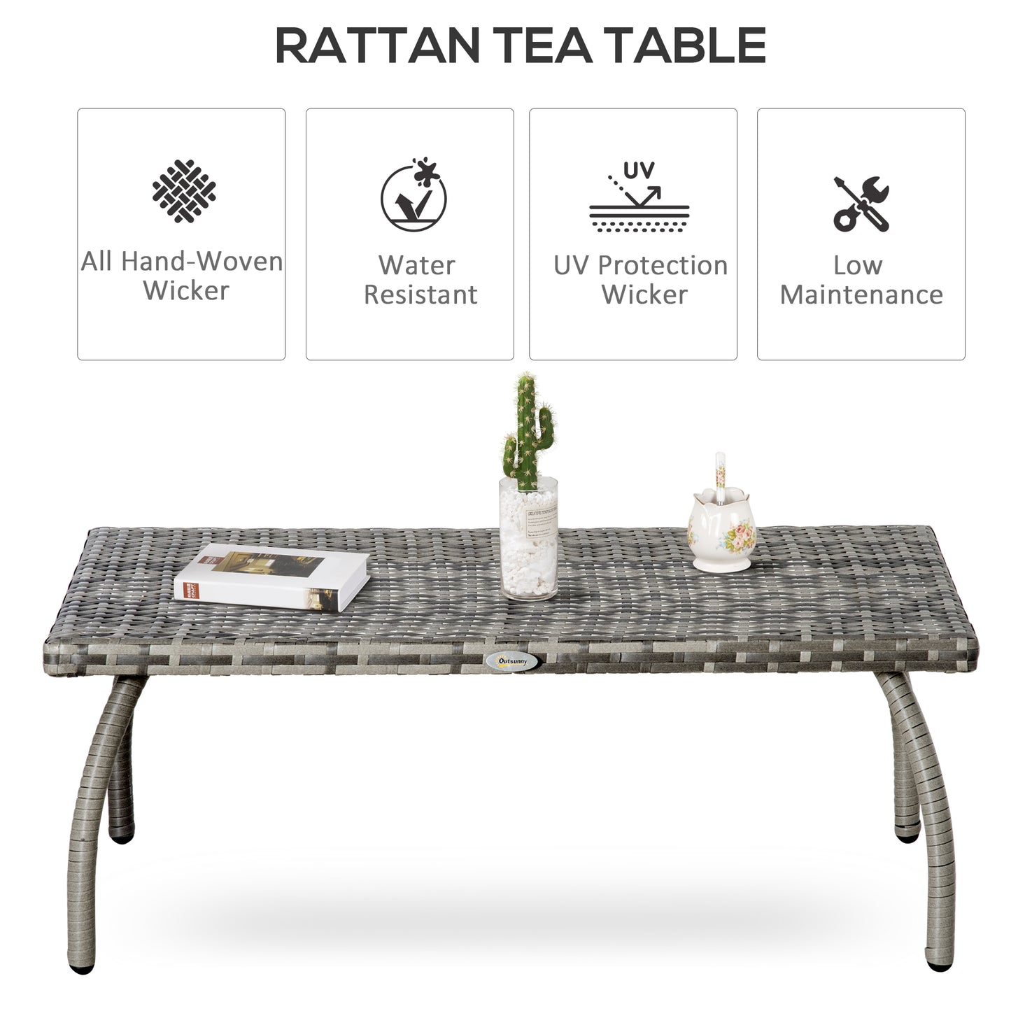 Outsunny 18" Rattan Coffee Table Outdoor Side Table Patio Wicker Furniture, Small Square with All-Weather PE for Garden, Balcony, Backyard, Poolside, Grey