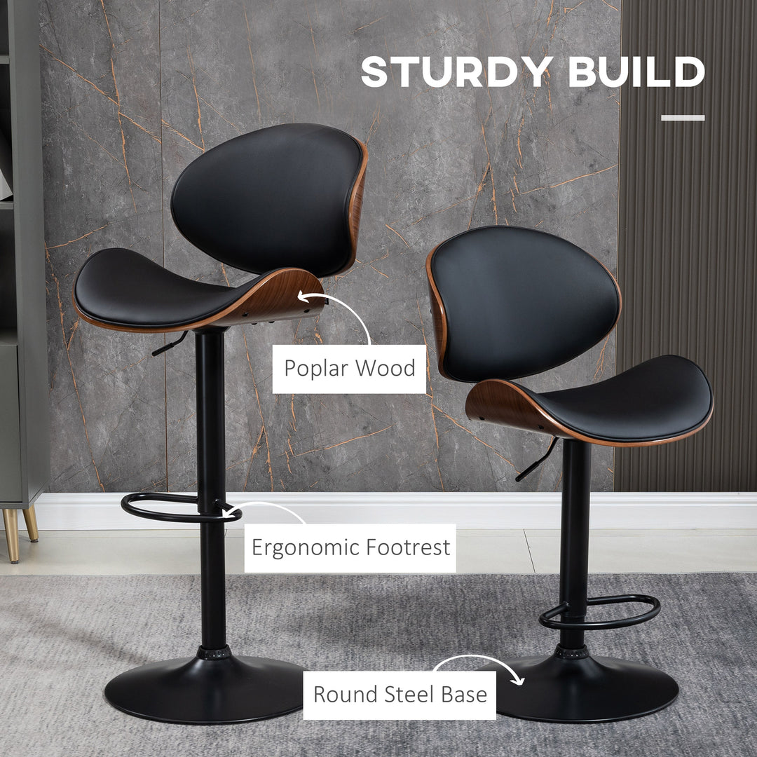 HOMCOM Bar Stools Set of 2, Modern PU Leather Adjustable Swivel Barstools with Curved Back, Footrest and Steel Base, Black