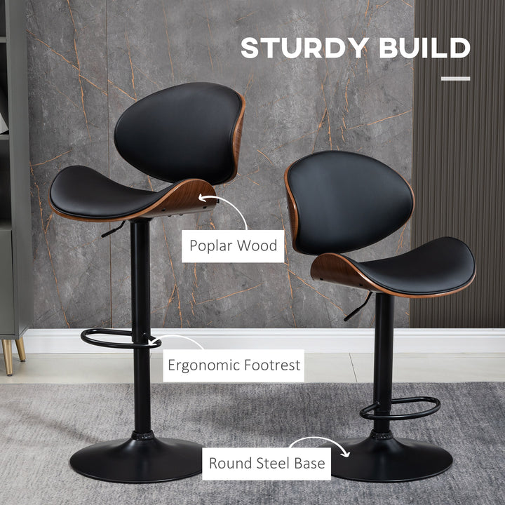 HOMCOM Bar Stools Set of 2, Modern PU Leather Adjustable Swivel Barstools with Curved Back, Footrest and Steel Base, Black
