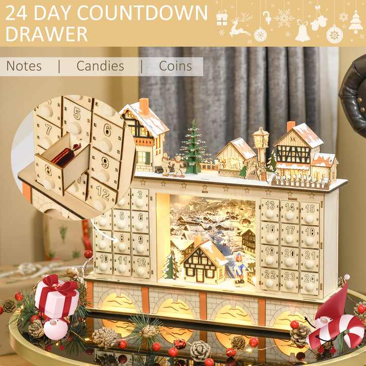 HOMCOM Christmas Advent Calendar, 2022 Light Up Table Xmas Wooden House Holiday Decoration with Countdown Drawer, Village, for kids Adults, White