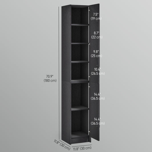 HOMCOM Freestanding Tall Bathroom Storage Cabinet with Adjustable Shelves, Bathroom Organizer, Black Wood Grain