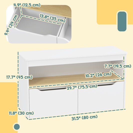 Qaba Kids Bookshelf with 2 Drawers, Large Tabletop, Shelf, for Nursery, Kids Room, Bedroom, Living Room, White