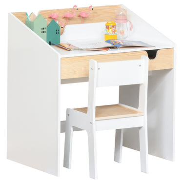 Qaba 2 Pieces Kids Desk and Chair Set with Storage Pull-Out Drawer for 6-10 Years, Writing, Reading, Drawing