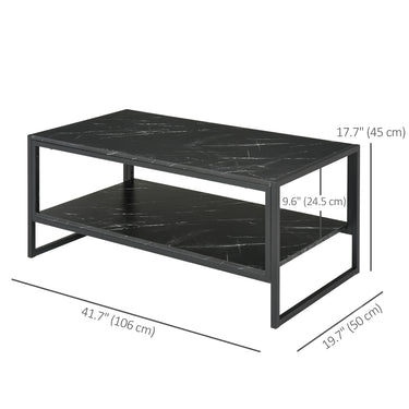 HOMCOM 2-Tier Coffee Table with Storage Shelf, Cocktail Table with Marble Textured Table Top, for Living Room Bedroom Dorm, Black