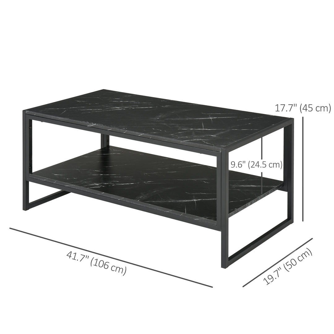 HOMCOM 2-Tier Coffee Table with Storage Shelf, Cocktail Table with Marble Textured Table Top, for Living Room Bedroom Dorm, Black