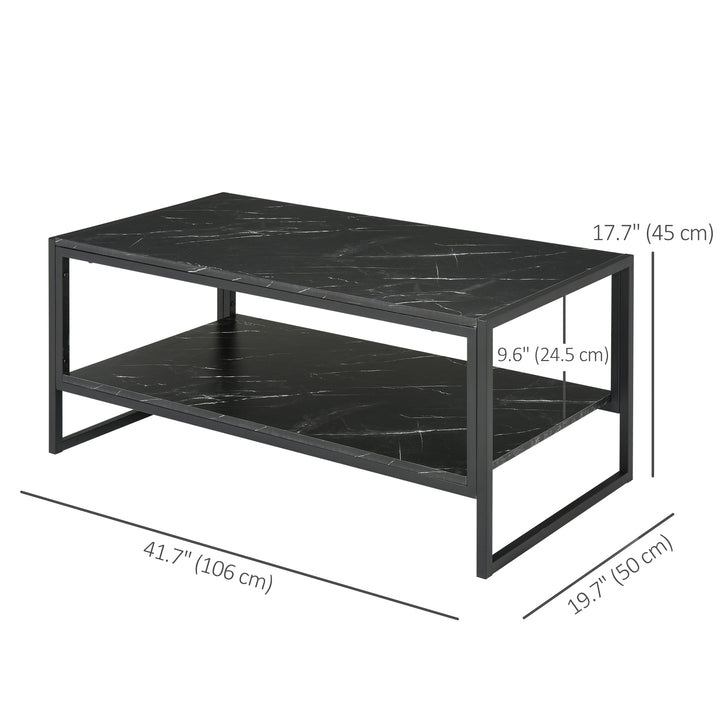HOMCOM 2-Tier Coffee Table with Storage Shelf, Cocktail Table with Marble Textured Table Top, for Living Room Bedroom Dorm, Black