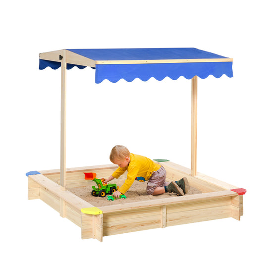Outsunny Kids Wooden Sandbox with Cover, Play Sand Station for Children Outdoor Sand box, with Seats, for Backyard, Beach, 47" x 47" x 47", Natural