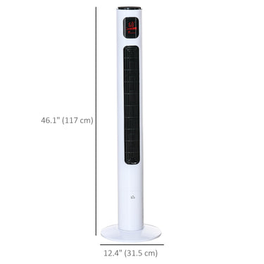 HOMCOM Freestanding Tower Fan Cooling for Home Bedroom with Oscillating, 3 Speed, 12h Timer, LED Sensor Panel, Remote Controller, White