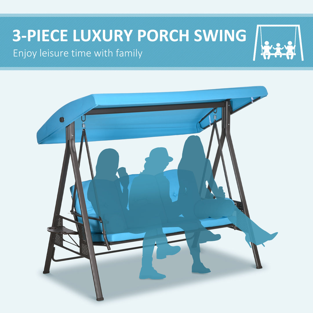 Outsunny Outdoor Patio 3-Person Steel Canopy Cushioned Seat Bench Swing with Included Side Trays & Padded Comfort, Light Blue