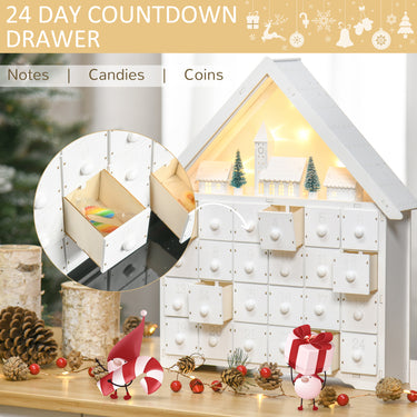 HOMCOM Christmas Advent Calendar, 2022 Light Up Table Xmas Wooden House Holiday Decoration with Countdown Drawer, Village, for kids Adults, White
