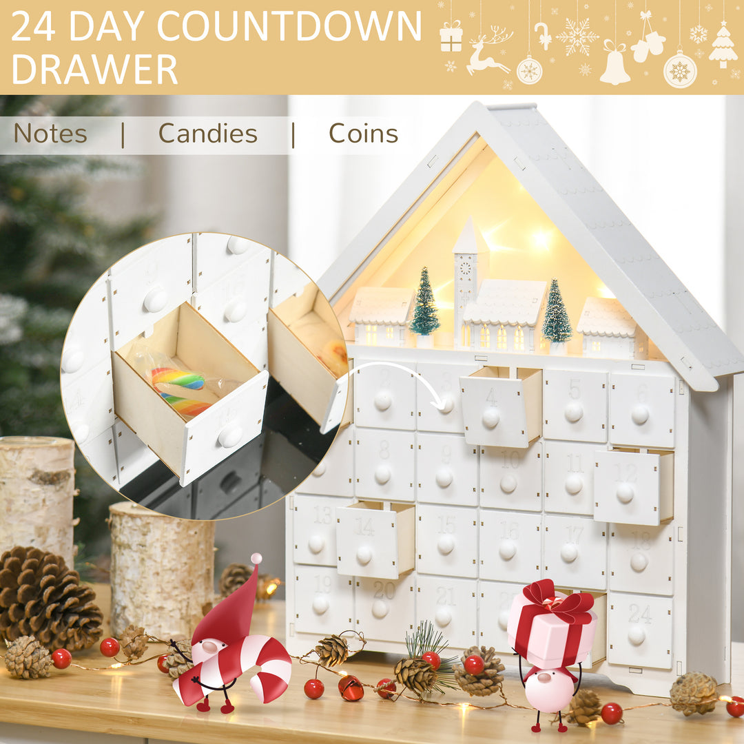 HOMCOM Christmas Advent Calendar, 2022 Light Up Table Xmas Wooden House Holiday Decoration with Countdown Drawer, Village, for kids Adults, White