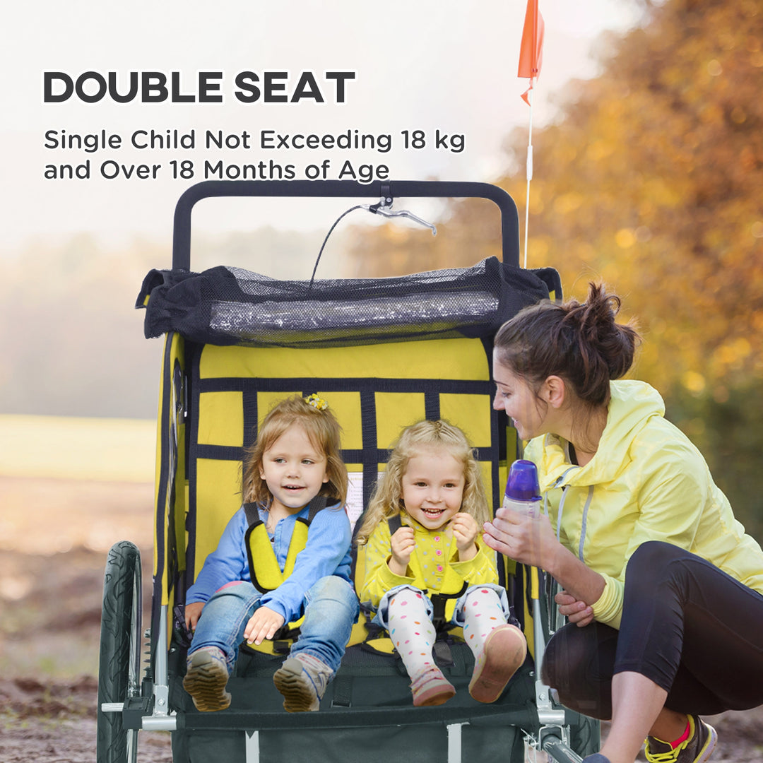 Aosom 2-in-1 Bike Trailer for Kids, Foldable 2-Seat Baby Stroller with 5-Point Harness, Rubber Wheels, Storage Bag, Yellow