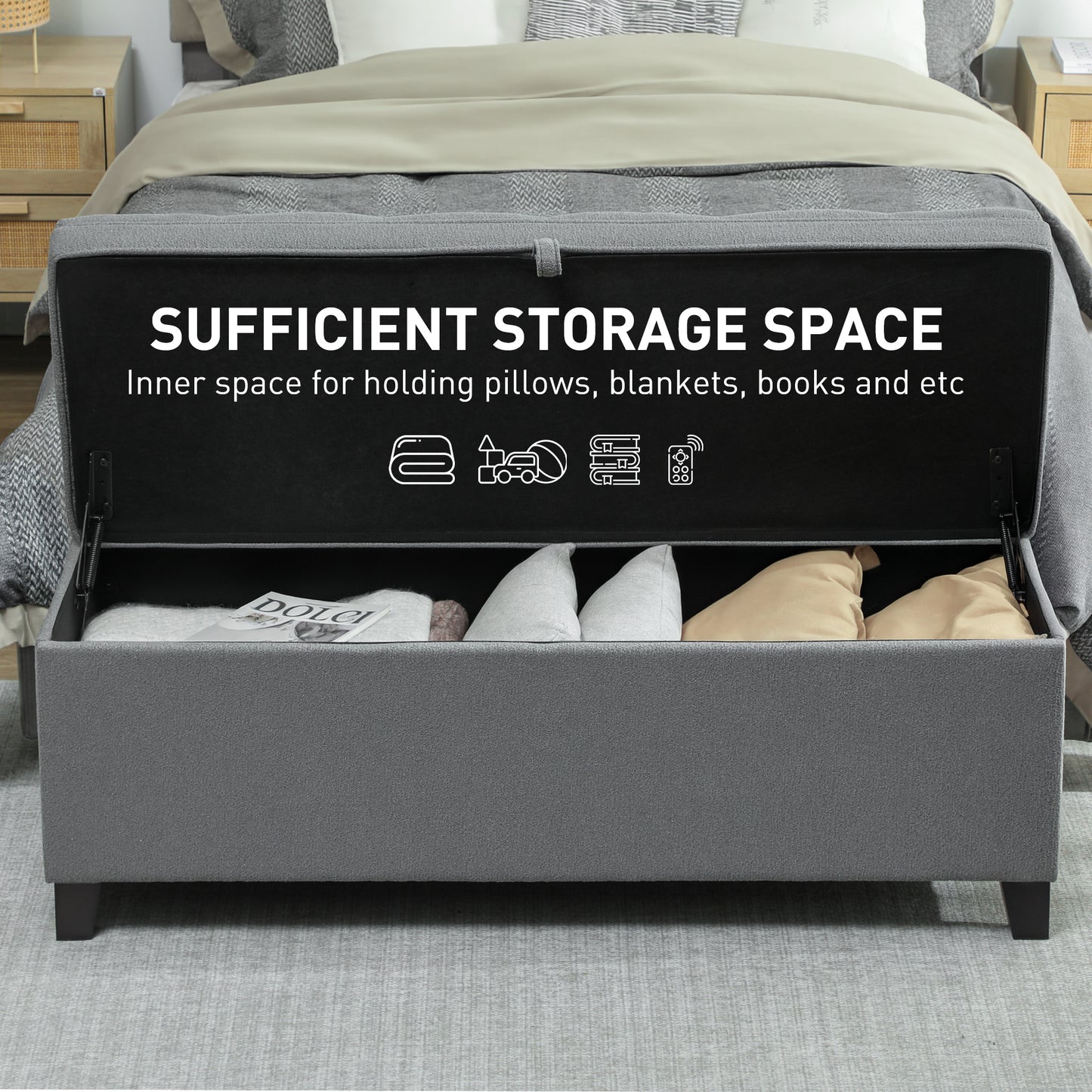 HOMCOM Storage Ottoman Bench, Foot Rest with Safety Hinges, 47 Inches Linen Storage Chest for Living Room, Dark Grey
