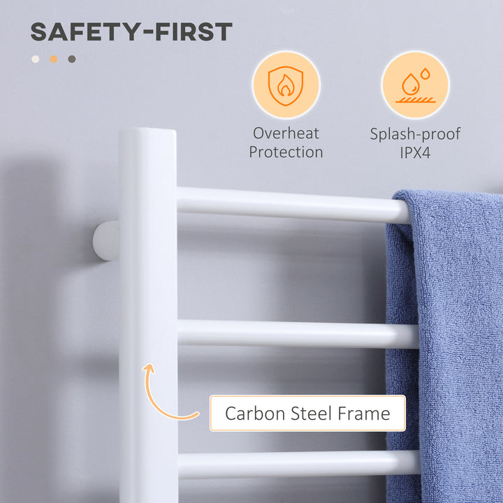 HOMCOM 8-Bar Heated Towel Warmer Rack with Built-in Timer and LED Indicators, Wall Mounted & Free Standing Carbon Steel Electric Towel Bar with Adjustable Temperature, White