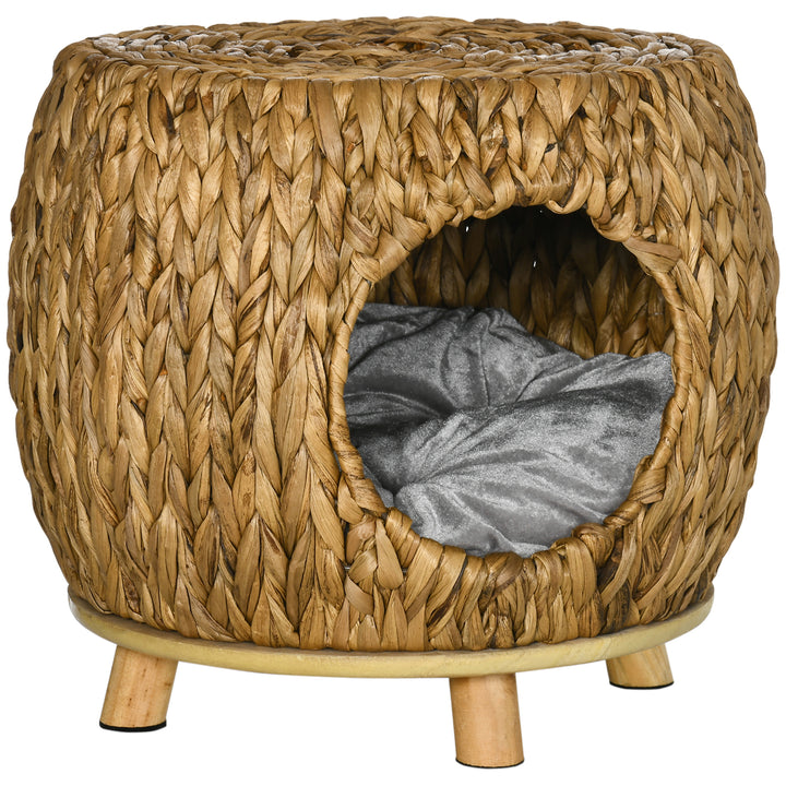 PawHut Wicker Cat Bed with Washable Cushion, Elevated Rattan Kitten Bed for Indoor Cats, Light Brown
