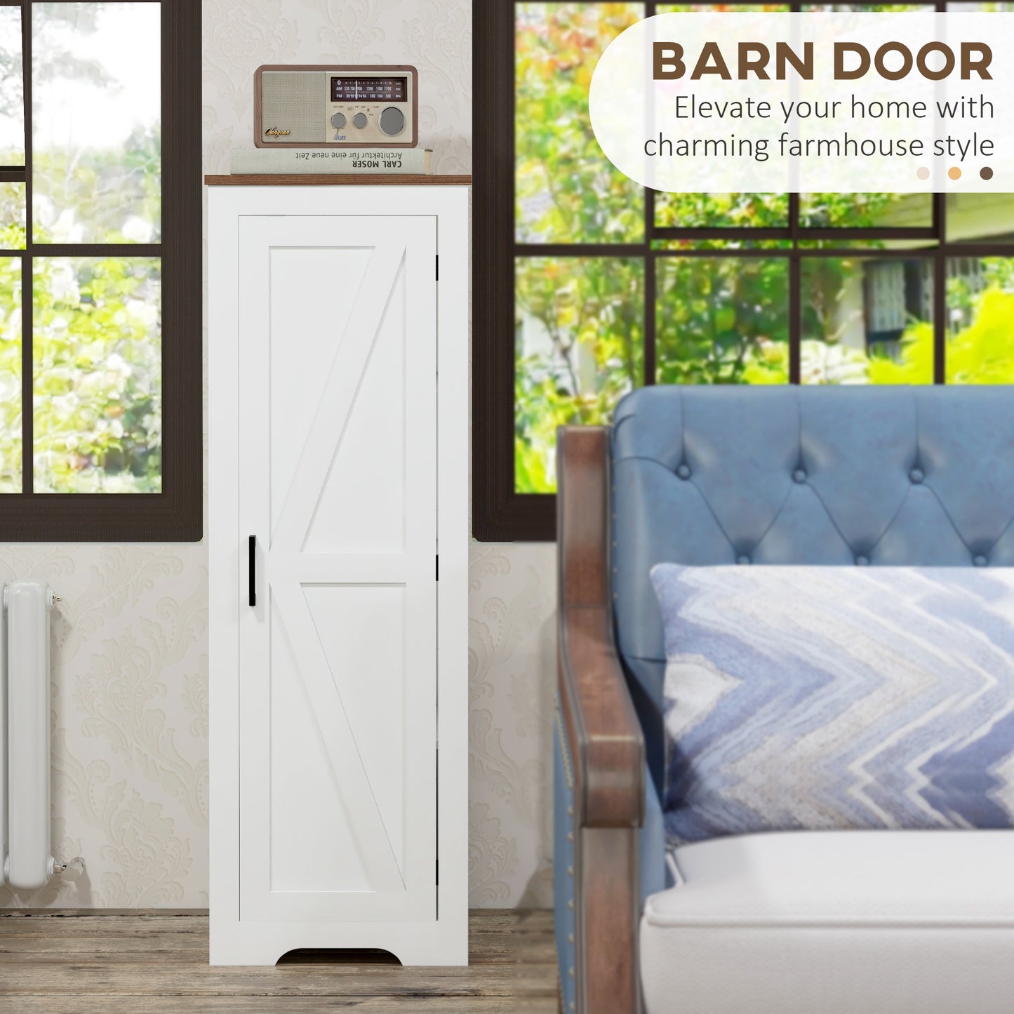 HOMCOM Farmhouse Accent Cabinet with Adjustable Shelf Barn Door Storage Cabinet for Living Room Floor Pantry Cabinet White