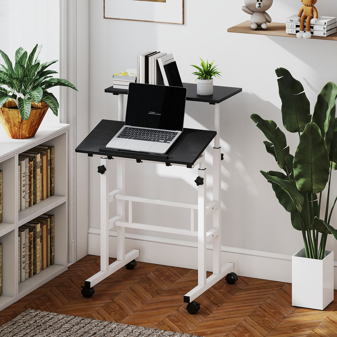 HOMCOM Stand Up Desk, Height & Angle Adjustable Computer Desk with Wheels for Standing or Sitting, Laptop Table, Natural