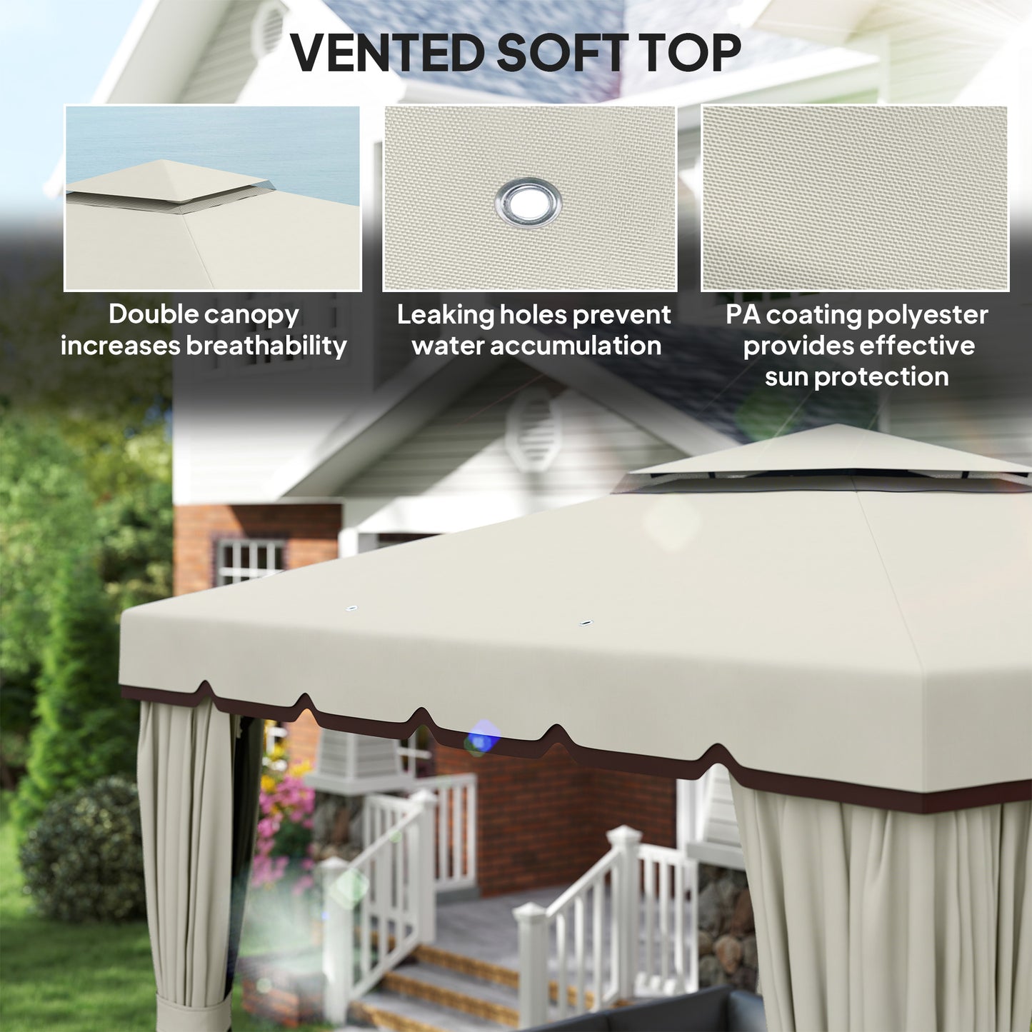 Outsunny 10' x 10' Outdoor Patio Gazebo Double Soft-top Garden Shelter Tent with Curtains, & Mesh Screen Drapes, Brown