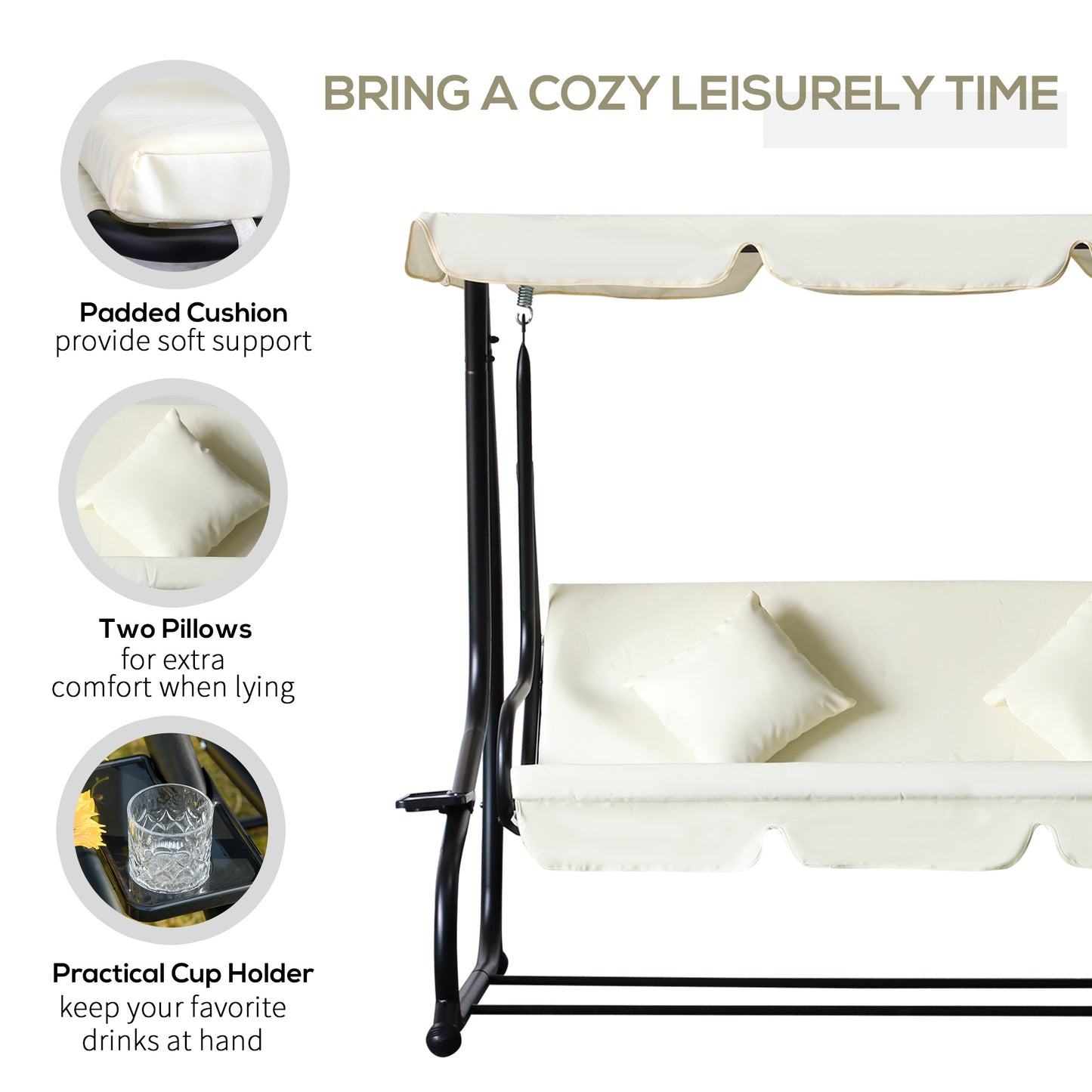 Outsunny 3 Seater Patio Swing Chair Convertible Cushioned Bed Outdoor Porch with Canopy and Pillow