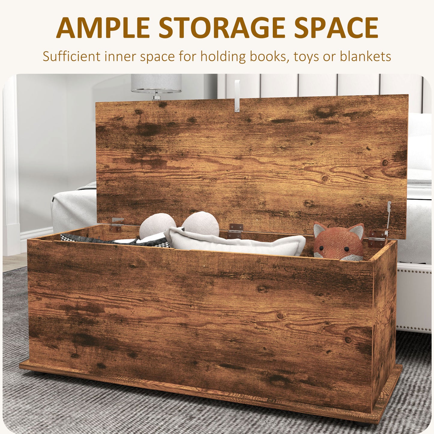 HOMCOM 39.5" Storage Chest with 2 Safety Hinges, Storage Box Organizer with Flip-Top Lid, Entryway Storage Bench, Rustic Brown